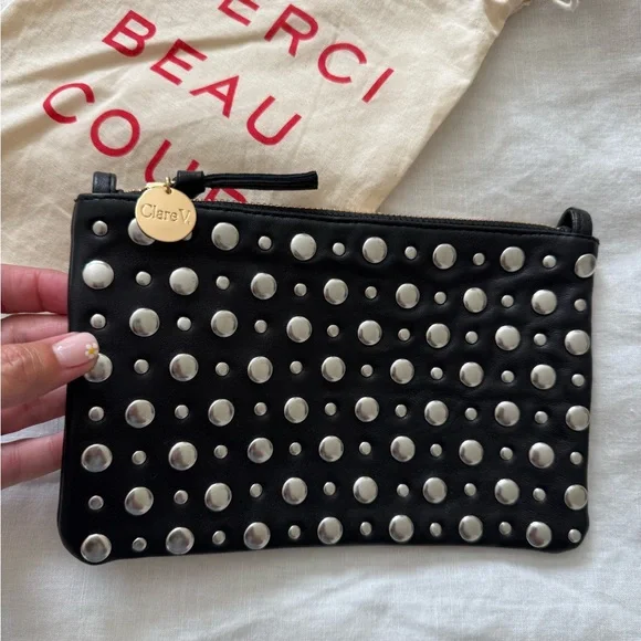 Clare V Black Leather Wallet Clutch with silver studs NWOT - Picture 2 of 8